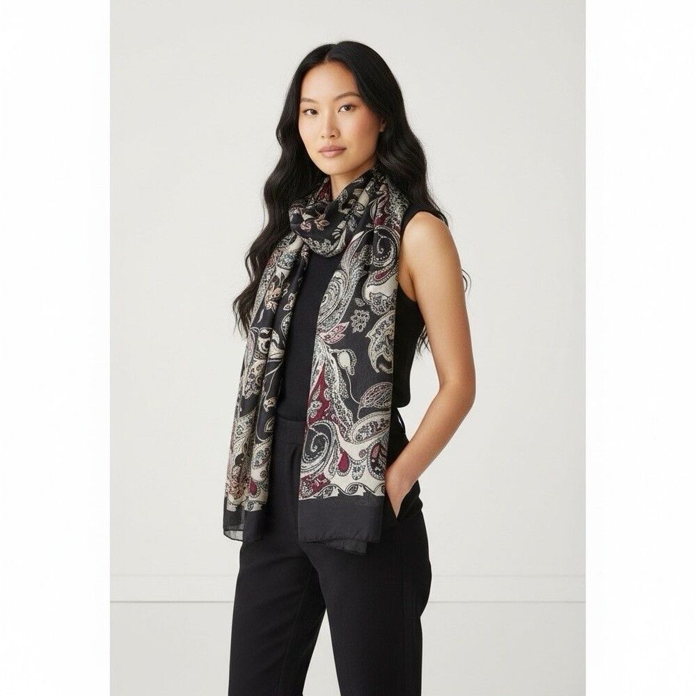 Bill Blass Black Gray Burgundy Blue Paisley Floral Rectangle Scarf Wrap 58x12”